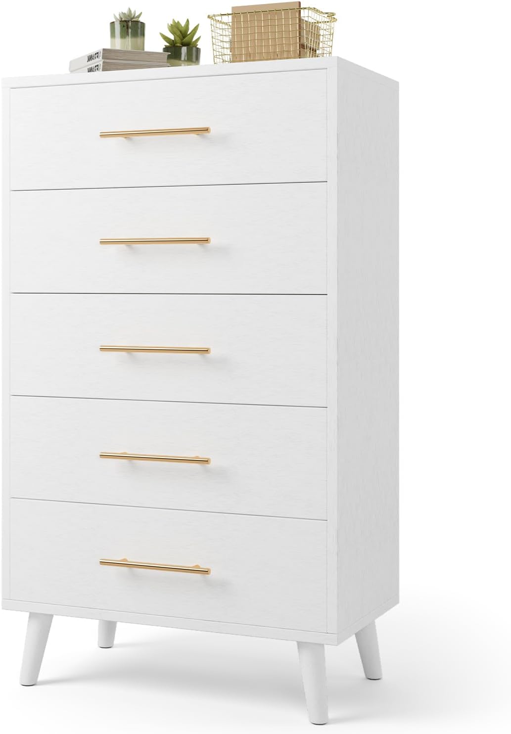 Ahomly Tall Dresser for Bedroom, White Dresser with 5 Drawers, Modern Chest of Drawers with Anti-Tip Kit, Metal Handles & Silent Gliding Slides, for Living Room, Hallway, White