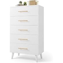 Ahomly 5 Drawer Tall Dresser, Wood Chest with Silent Gliding Slides, White