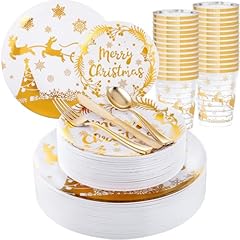 150pcs Gold Christmas Plastic Dinnerware Set