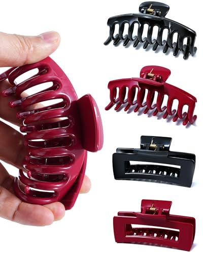 Mesovor 4 Pack Silicone Flexible Hair Claw Clips, Nonslip Large Bendable Claw Clip | Soft Hair Grip Hairclips for Thin and Thick (Black, Wine Red)
