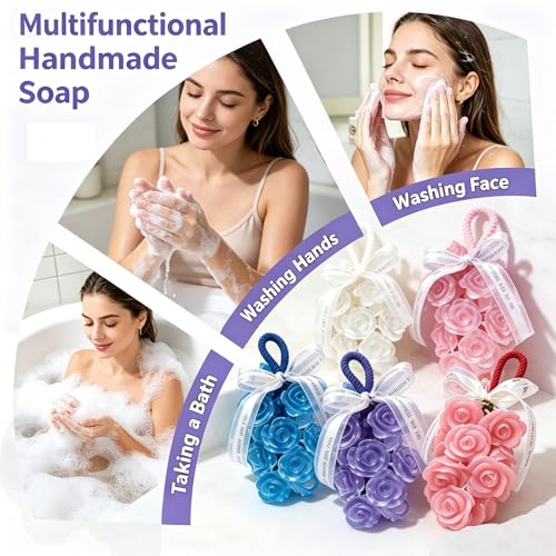 Image of Rose Soap on Rope Cute Shaped Handwashing Grapes Soap Bar, Novelty Hanging Flower Soap for Bathroom Decor,Fun Gift Handmade Soap