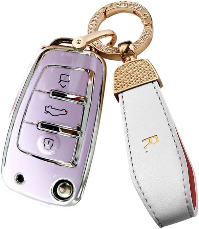 SANRILY Sliver-Edge 3 Button Key Fob Cover for Audi Q3 Q7 R8 A6L TT Accessories Keyless Key Case with Golden Bling Keychain Light-Purple