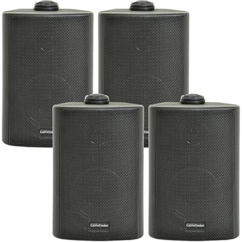 (2 PAIR) 4x 5.25” 90W Black Outdoor Rated Speakers *Wall Mounting HiFi Brackets Included* 8Ohm & 100V Perfect for Outside Garden Parties, Rain & Weatherproof IP54 Passive Cabinet - Loops