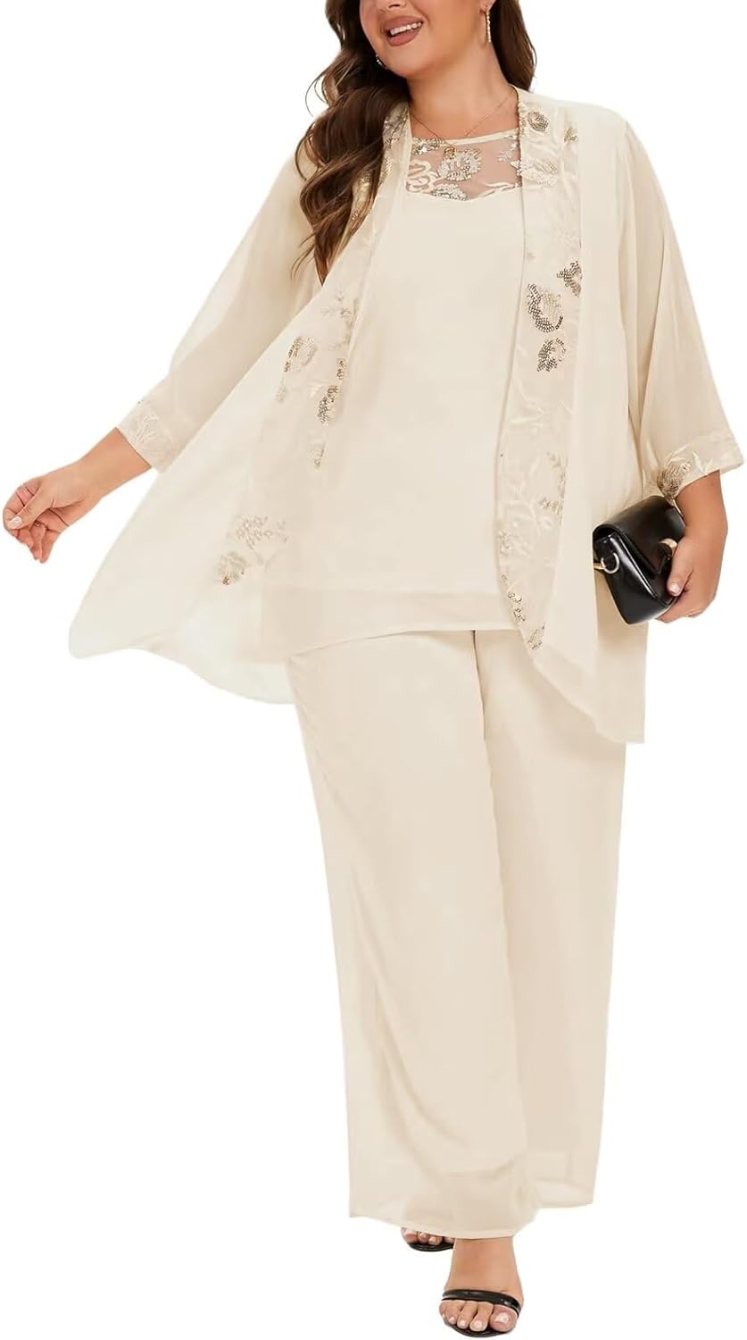 VK Selec Plus Size Pant Suits 3 Piece Chiffon Outfit Dressy Mother of The Groom Bride Evening Wedding Gowns