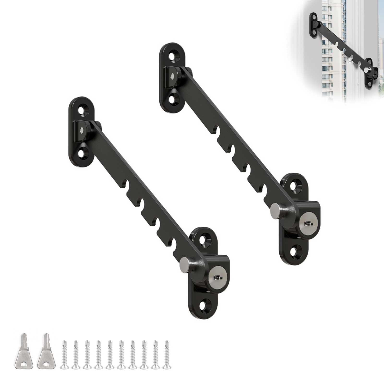0XBIT Window Tilt Regulator with Lock, 2 Piece Made of Iron Window Opening Restrictors, Multi-Level Adjustable Tilt Window Lock, Window Restrictors, Tilt Window Limiter, Suitable for Most Windows