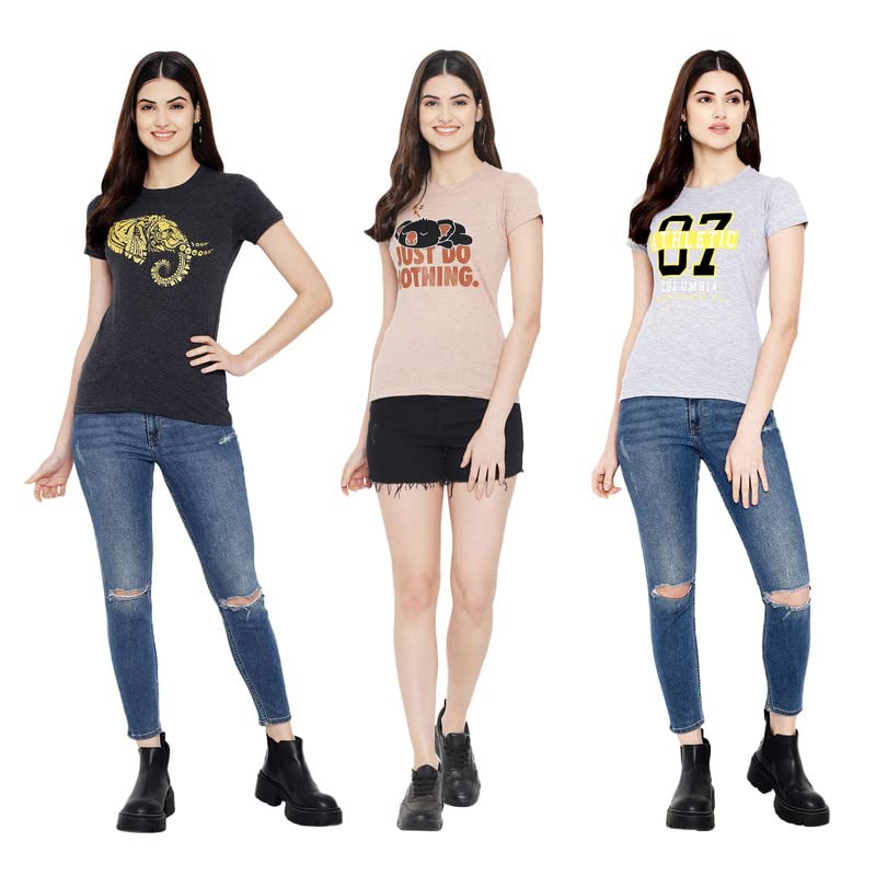 Image of Preneum Women's Cotton Regular Fit Graphic Stylish Printed Short Sleeves Casual T-Shirt || Trend & Style (Pack 3)