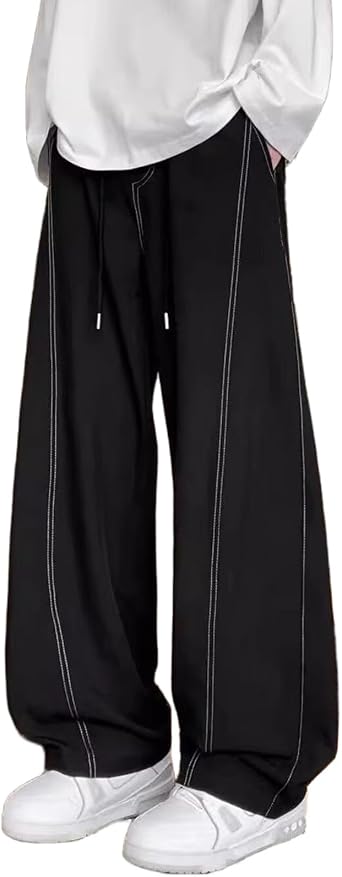 Mens Wide Leg Elastic Waist Pants Drawstring Mid Rise Baggy Teen Boys Youth Lounge Track Pants with Pockets