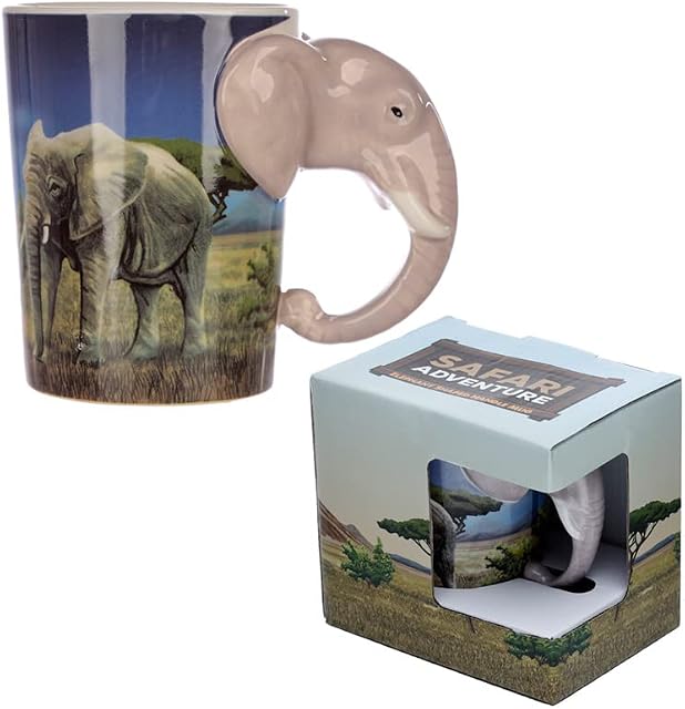 Puckator Elephant Savannah Decal Ceramic Shaped Handle Mug, Coffee Hot Drinks, Decorative Gift Box, Home Kitchen Height 10.5cm Width 11.5cm Depth 8.5cm
