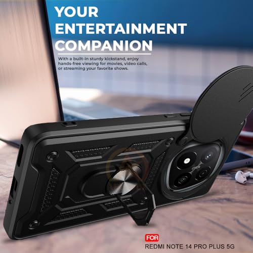 Image of Armor Bumper Back Cover Case for Redmi Note 14 Pro Plus 5G Rotating Camera Cover, Ring Holder & Kickstand | Heavy Duty & 360 Degree Protection Redmi Note 14 Pro Plus 5G Back Cover (Black)