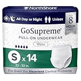 NorthShore GoSupreme Overnight Incontinence Underwear, 8-Hour Pullup Style, Small, 14 Count Bag, White, 22-32 inches, Unisex Adult Diapers