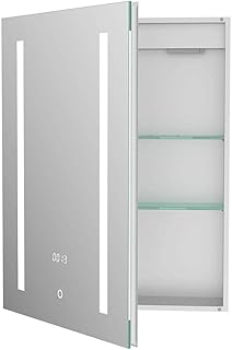 Illuminated Bathroom Mirror Cabinet with LED Light Touch Switch Shaver Socket Demister Time Temperature Display Aluminum F...