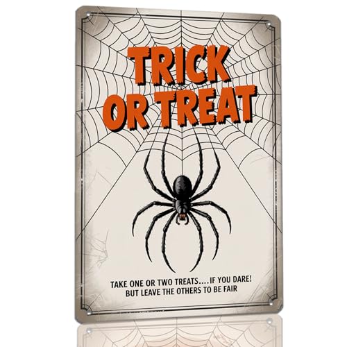 Trick or Treat Metal Sign Halloween Gothic Decor for Home Cafe Porch Front Door Candy Station Schools Halloween Events Shops Community Centers Offices and Parties 8x12 Inch