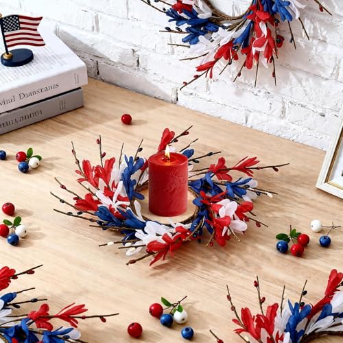 Image of 4 PCS Patriotic American Candle Rings Wreaths 4th of July Red White and Blue Floral Candle Rings Holder with Forsythia Flowers Mini Independence Day Wreath for Party Home Table Centerpiece Decor