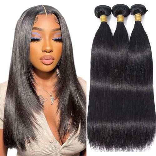 Straight Human Hair Bundles 14 16 18 Inch Trippy Hair Quick Weave 3 Bundles Human Hair 100%...