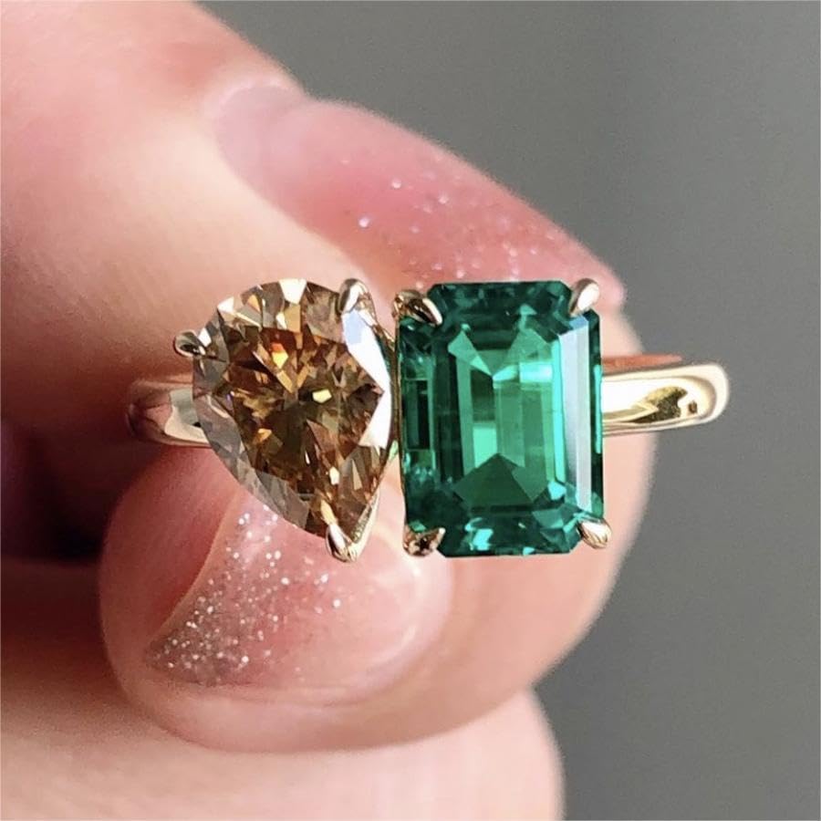 14K Gold Plated Women's Engagement Double Stone Ring Emerald and Pear Cut Champagne Eternal Cubic Zirconia Wedding Promise Ring （Size 10）