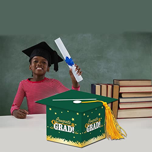 Image of 2026 Graduation Party Card Box, Green Gold Congrats Cap Card Holder Box with Tassel for 2026 Graduation Party Decoration