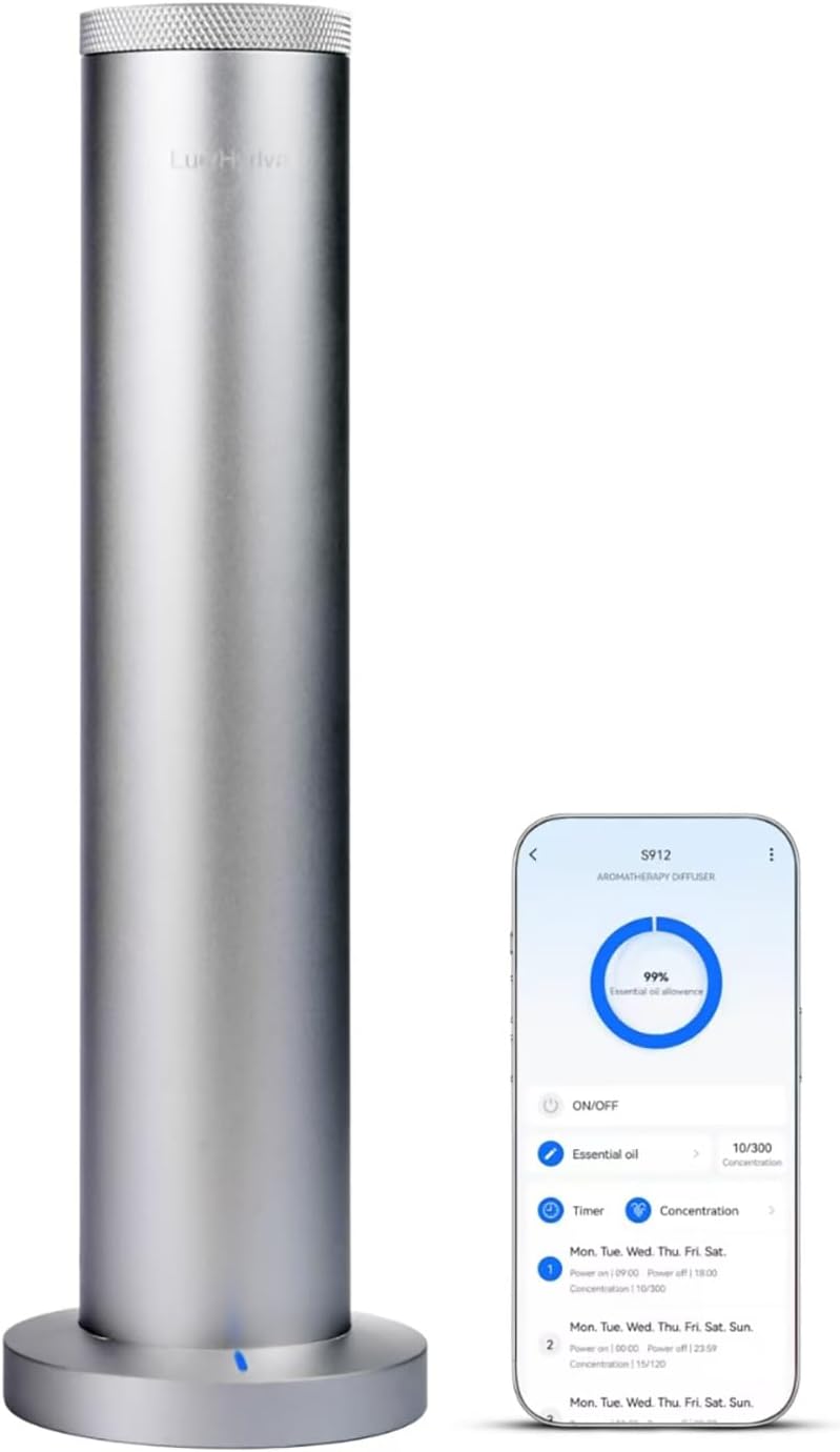 Wireless Essential Oil Diffuser: Smart Anti-Tip Aroma Diffuser with 3 Mist Modes, 1200 sq ft Coverage, Bluetooth Remote Control, Timer, Quiet Metal Body for Hotel Office Bedroom Large Home