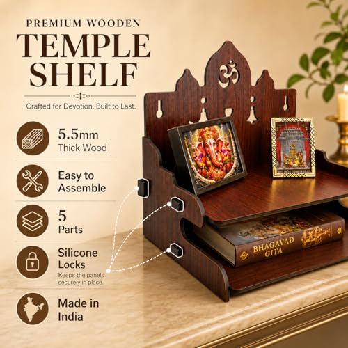 Image of Zesta Wooden Mandir for Home Big Size | DIY Pooja Mandir with LED Spot Light | Devghar Cabinet for Living Room or Office | Wall Mounted Pooja Unit for Home (Temple with 2 Steps)