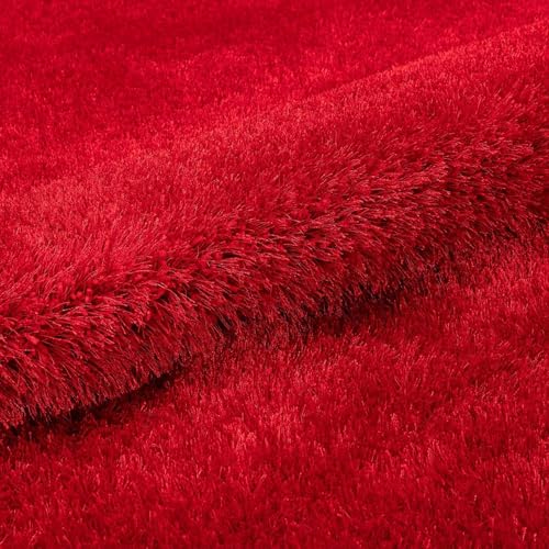 Image of Premium Microfiber Soft Red Shag Rug 8x8 Feet Round Featuring Dense Fluffy Texture, Anti Skid Support and Durable Handmade Quality for Living Room, Bedroom and Hallway