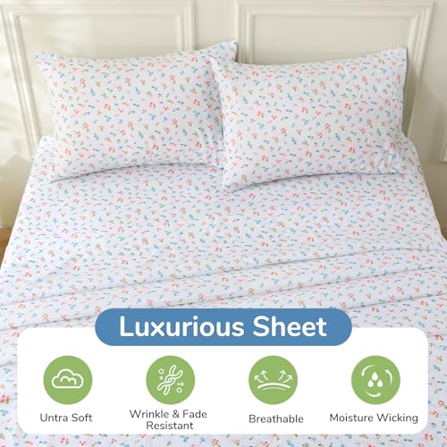Image of MUXHOMO Queen Size 4 Piece Sheet Set, Soft & Breathable Sheet for Bedroom with Deep Pocket Up to 16 inch, Wrinkle-Free & Cooling Bed Sheet with Flat Sheet, Fitted Sheet & Pillowcases - Bicolor Floral