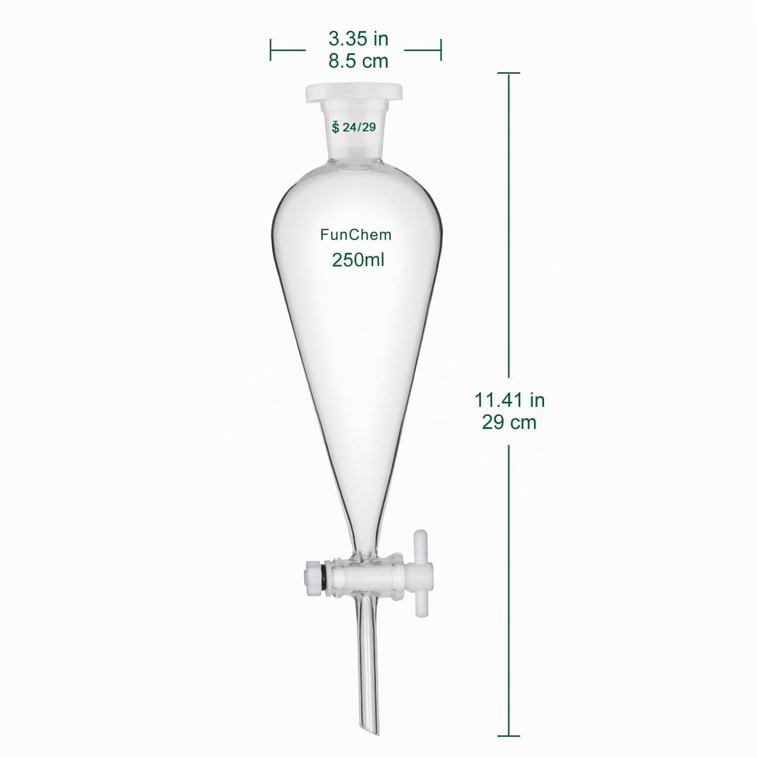 FunChem Embudo de Decantación Cónico 250 ml con Juntas 24/29 y Llave de PTFE, Embudo Separador de Vidrio de Borosilicato Diseño de Pared Gruesa