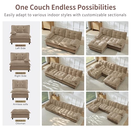 Image of 108 inch Sectional Sleeper Sofa with Ottoman, L Shaped Modular Deep Seat Couches for Living Room Apartment, Flexible Module Combination Cloud Sofa with Spring Support, Easy Assembly, Coffee