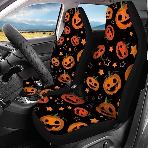 Image of Funny Custom Women Car Seat Cover Full Set Breathable Elastic Fitted Cute Pumpkin Halloween Automotive Seat Protector Non Slip Full Coverage Two Front Seat Covers Rear Back Bench for Most Trucks SUV