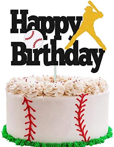 Baseball Cake Topper Happy Birthday Sign Baseball Softball Player Cake Decorations for Sport Theme Man Boy Girl Birthday Party Supplies Double Sided Black Sparkle Decor
