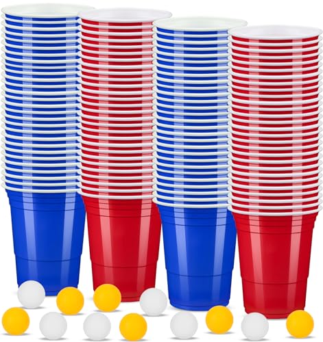 ZLPBAO Becher Set Becher Partybecher Enthält 100 (16oz) Plastikbecher Set Mehrweg Becher mit 12 pcs Bierpong für Camping Weihnachten Hochzeit und Partys
