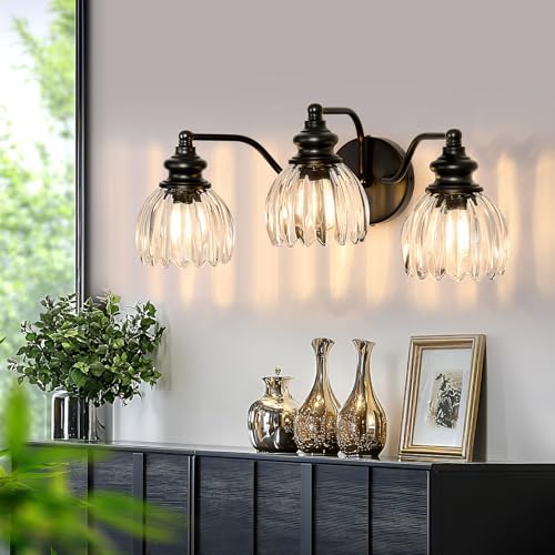 Image of Piepooye Modern Bathroom Light Fixtures 3 Lights Black Vanity Light with Glass LampShade E26 Bulb Indoor Vanity Light Over Mirror for Bedroom Farmhouse Kitchen