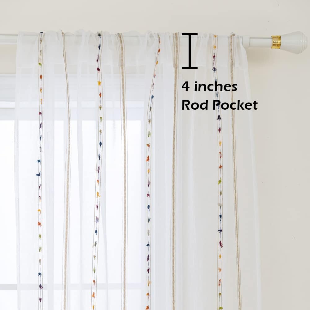 Rainbow Stripe Boho Sheer Curtains for Living Room 84 inch Long Embroidered Window Curtain Drapes for Bedroom Rod Pocket Top 52 x 84 inch 1 Panel