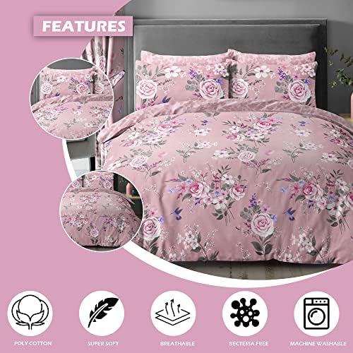 Lions 4 Piece Complete Bedding Set - Blush Pink Flower Printed 1x Duvets Cover 2x Pillowcase 1x Bed Sheet, Ultra Soft Reversible Poly Cotton Quilt Covers for Girls Women, Double Bed Bedding