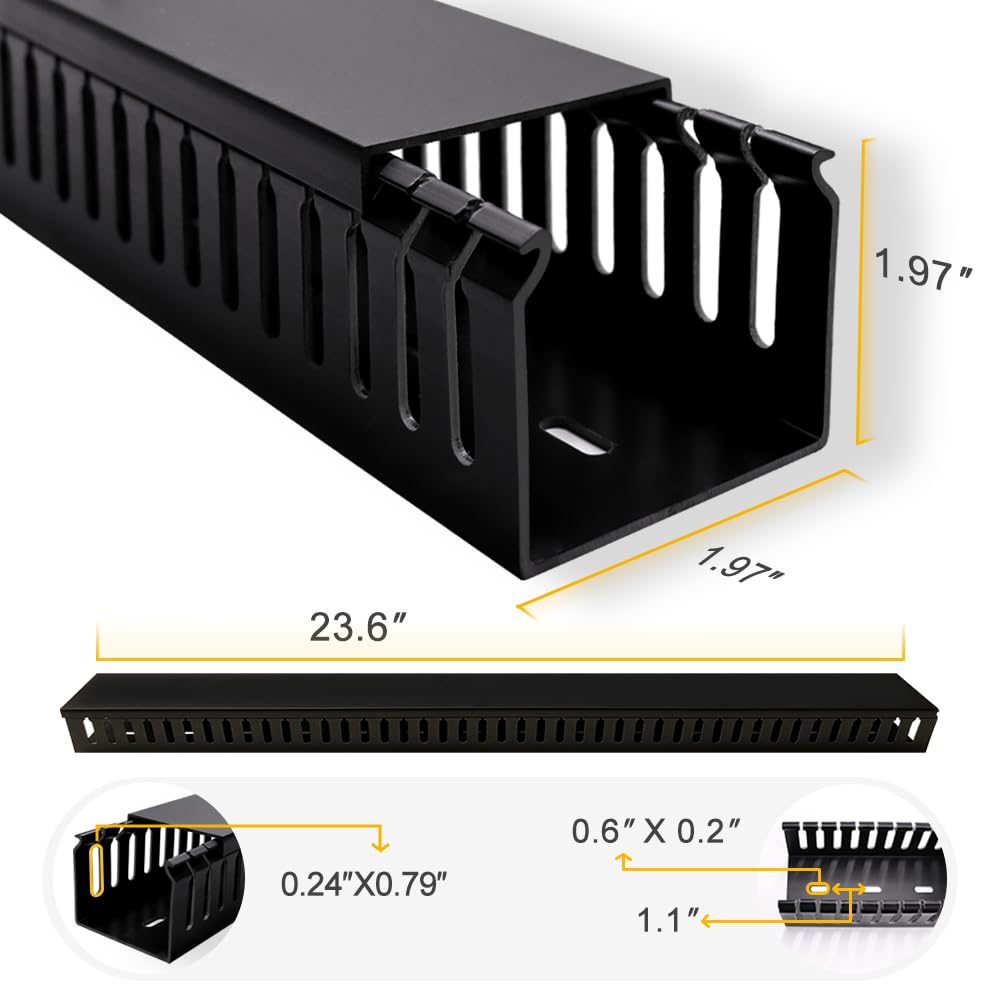 Kit de gestion de câbles à fente ouverte de 241,3 cm - Structure à clipser améliorée - Cache-câble pour sous bureau et réseau industriel/PC/téléviseurs - 60 x 5 x 5 cm - Noir LWH