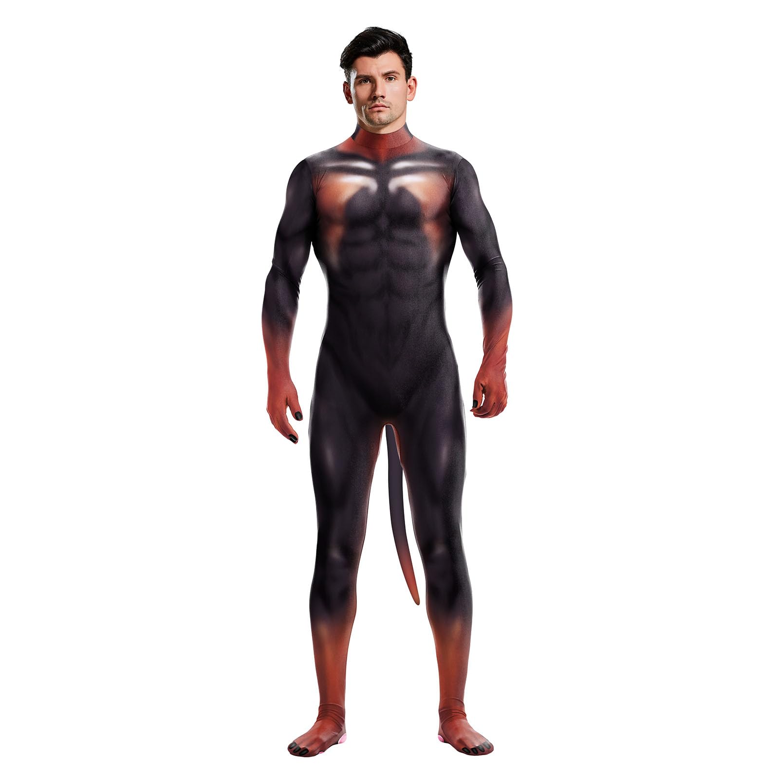 Men's Animal Bodysuit Costume with Big Tail Print Petsuit Spandex Furry Jumpsuit Cosplay Halloween Party