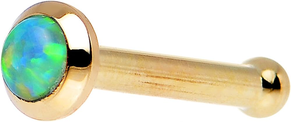 14k Yellow Gold 2mm Lime Synthetic Opal Nose Stud Bone 18 Gauge 1/4"