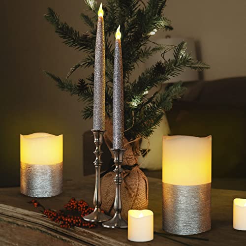 Furora Lighting Silver Flameless Candles Battery Operated, Remote Controlled Pillar Candles And Votive Candles Bundle With 2 Pack Silver Glitter Taper Candles With Timer For Christmas Table Decoration #TOP7