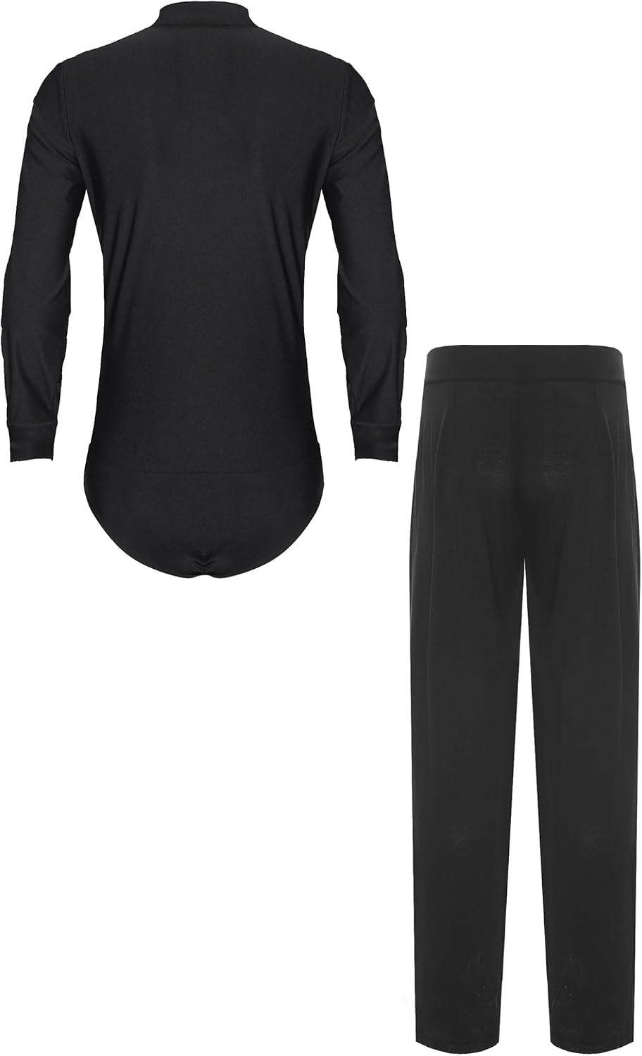 Mens Ballroom Chacha Tango Dance Outfits Satin Bodysuit and Straight Long Pants for Competition Black Large