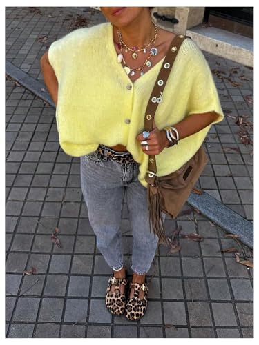 GORGLITTER Women's Oversized Button Up Cardigan Sweaters Short Sleeve V Neck Casual Fall Knit Tops Trendy 20254