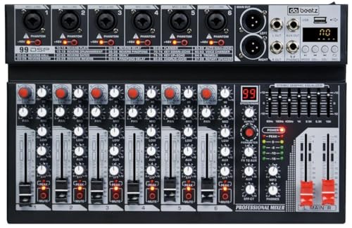Image of Dabeatz MX06 6 Channel Audio Mixer with 6xXLR /6.35mm Inputs, Bluetooth, USB /PC /MP3 Playback, 99 DSP Effects, 7-Band EQ, Mute, Recording, +48V Phantom Power - DJ, Karaoke, Studio & Live Sound