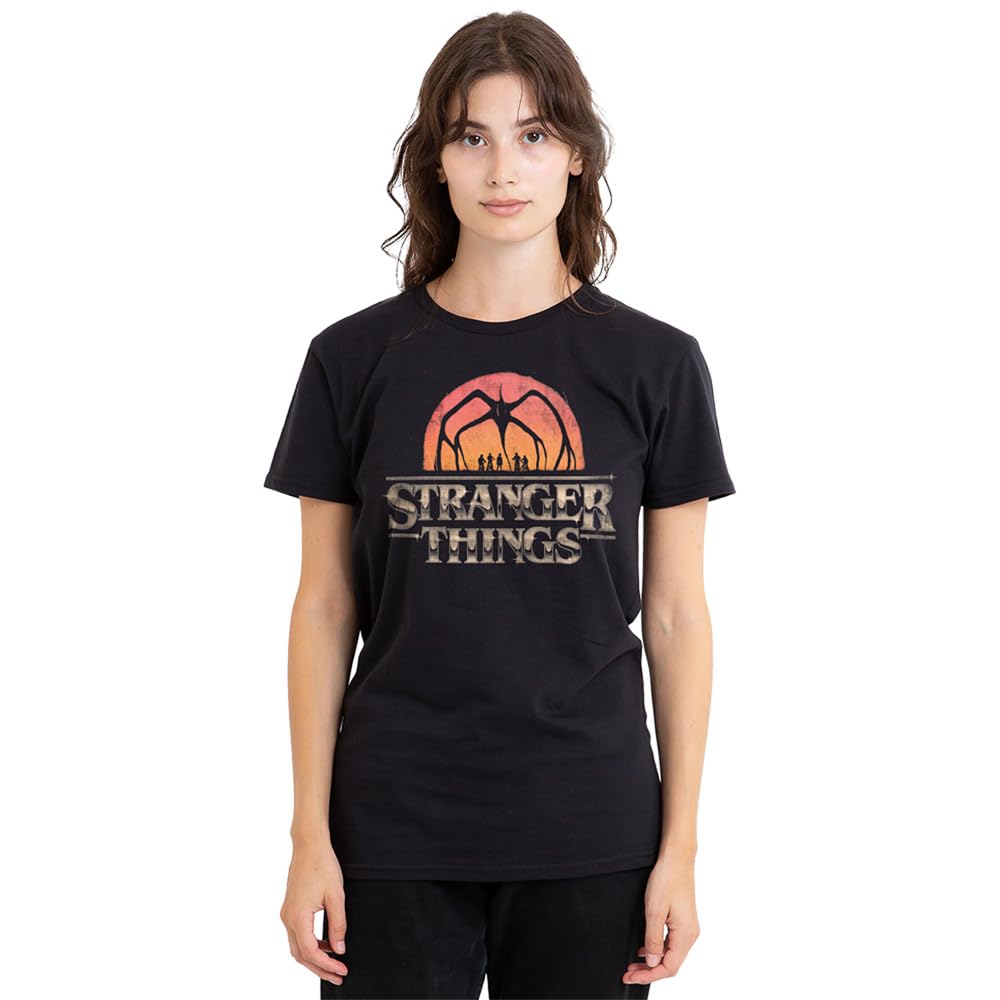 Stranger Things Sunset Logo Ladies T Shirt, Black, Large