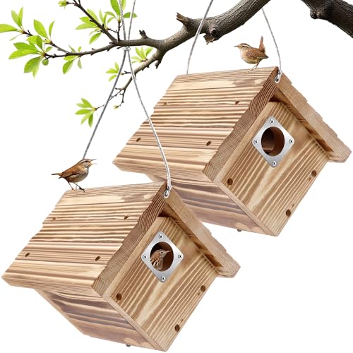 Dreyoo 2 Wren House with Metal Guard 1-1/8 Entrance Hole Hanging Wren Bird Houses for Outside for Nesting with Air Vents Pine Wood for Chickadees Charcoal