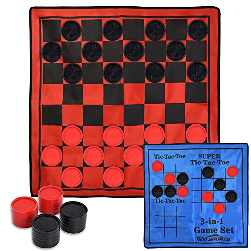 Win SPORTS 3 in 1 Giant Checkers Game Set,Super Tic Tac Toe,Including Reversible Rug with 24 Checkers,Indoor and Outdoor Activity for Kids or Adults,Board Game,Yard Game