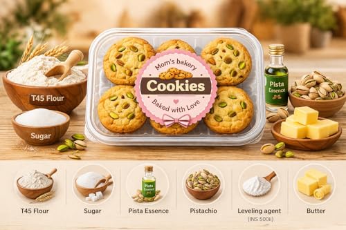 Image of MOM'S BAKERY Crunchy Pista Cookies-200gm Soft, Chewy & Freshly Baked Snack Treats- Ideal for Gifting | Eggless, No Palm Oil, No Preservatives | T45 Flour, Butter, Sugar, Vanilla Essence | Healthy & High Fiber for Anytime Cravings for Tea Time