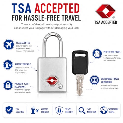 Image of QUIRA TSA Approved Travel Padlock with Key, Luggage Lock for Suitcase, Backpack, Locker & Travel Bags, Heavy Duty Security Lock (Silver)