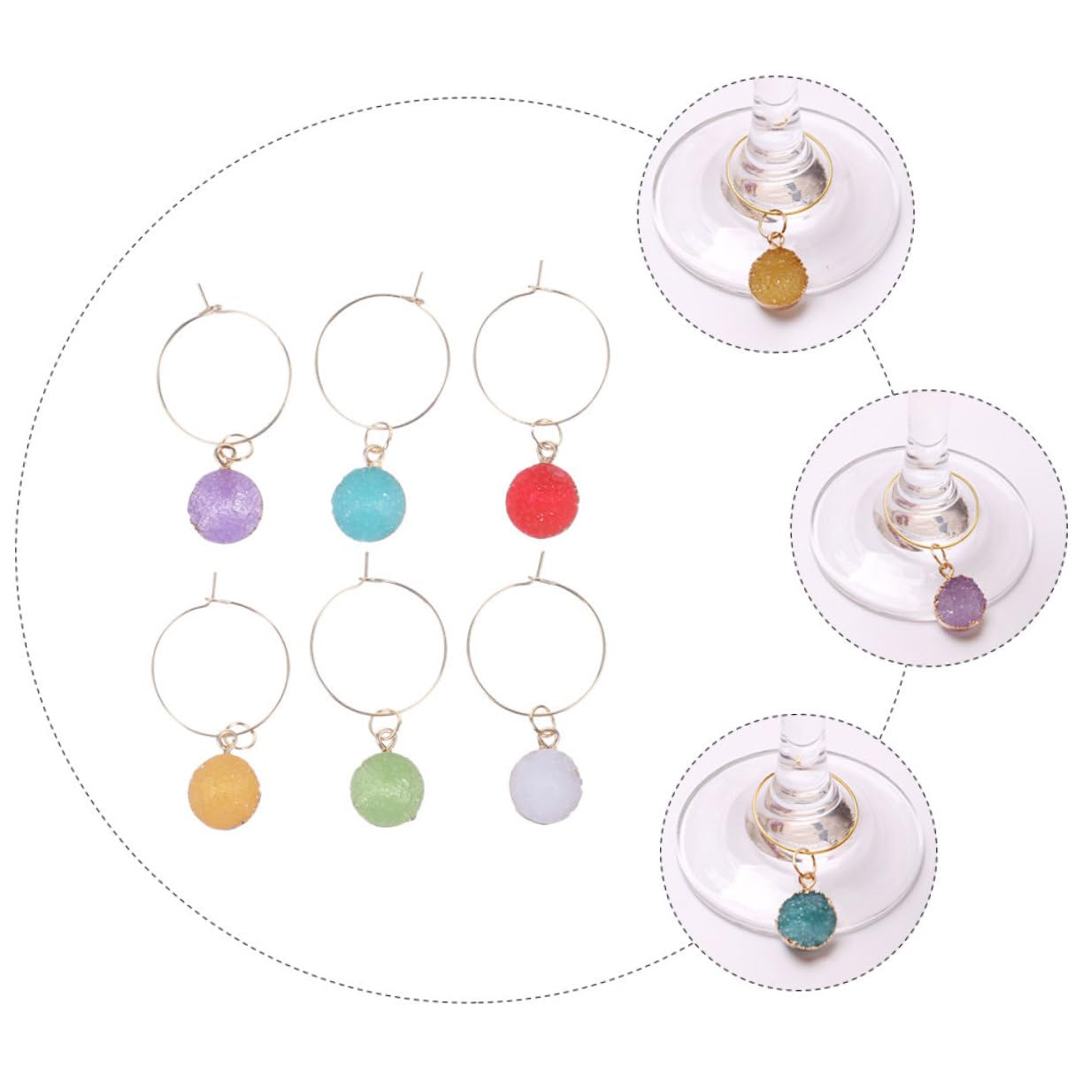 Cabilock 4sets Colorful Crystal Wine Cup Pendants Wine Charms for Party Drink Markers for Weddings Barbecues and Gatherings 6pcs*4