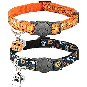 Halloween Cat Collar,2 Pack Breakaway Cat Collar with Bells,Pumpkin and Ghost Charm, Halloween Orange+Black