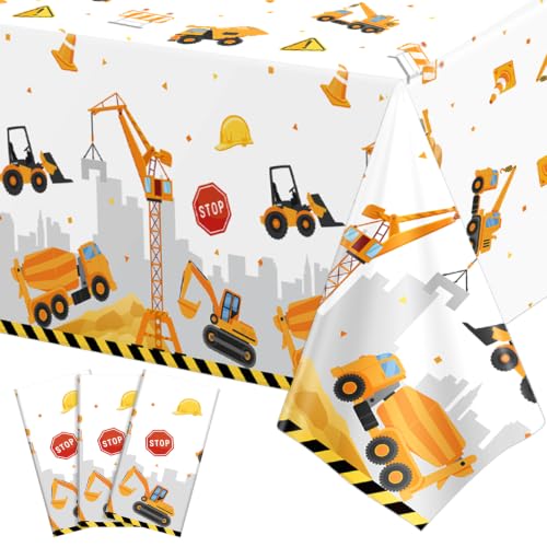 Image of 3 Pack Plastic Construction Tablecloths, Disposable Birthday Tablecloth | 54 x 108 Inch Waterproof Rectangle Truck Excavator Table Covers for Kids Boy Birthday Party Decorations