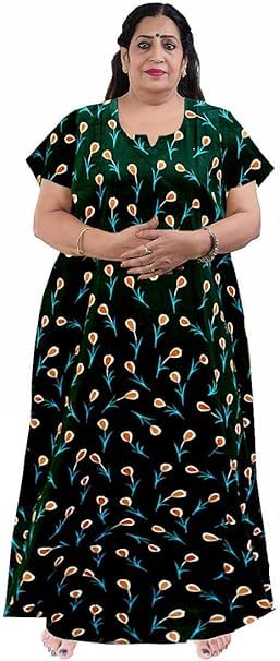 Image of OFEEFAN Women's Printed Cotton Floral Maxi Nighty - Round Neck, Full Length Nightwear Gown, Plus Size Nightdress | Combo of 2 Comfortable Sleepwear