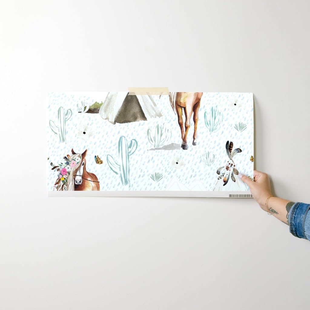 Peel & Stick Wallpaper Swatch - Spring Boho Floral Horse Rain Feathers Western Palomino Custom Removable Wallpaper by Spoonflower