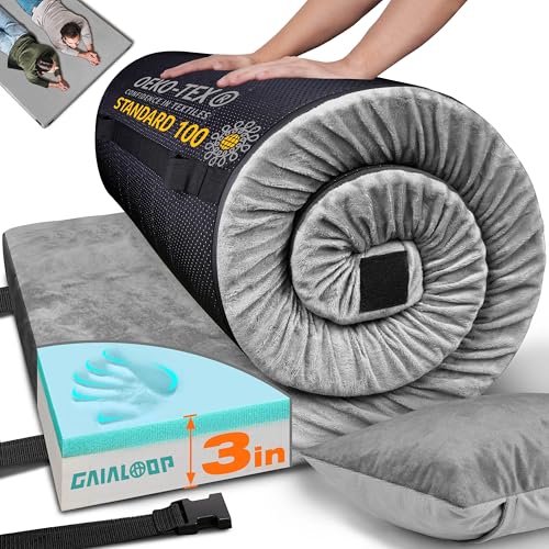 Gaialoop 3 Inch Memory Foam Camping Mattress, Dual Layer Thick Sleeping Camp Pad for Car Tent Cot, Roll-Up Portable Glamping Floor Bed for Guests Sleepover[Full: 75 * 54 * 3']
